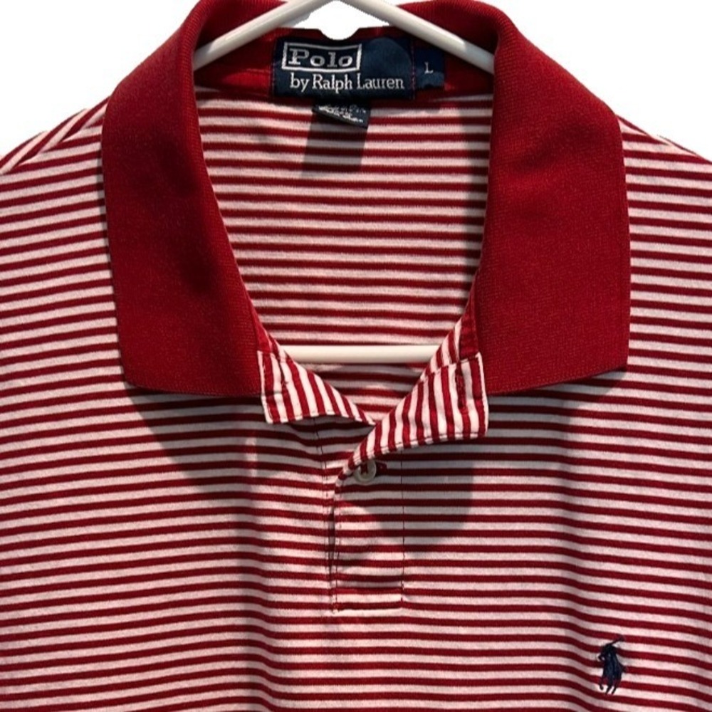 Polo Ralph Lauren Polo Shirt Large‎ Mens Red White Striped Cotton Short Sleeve